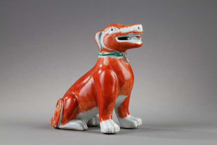 Small porcelain dog enamelled iron red and green